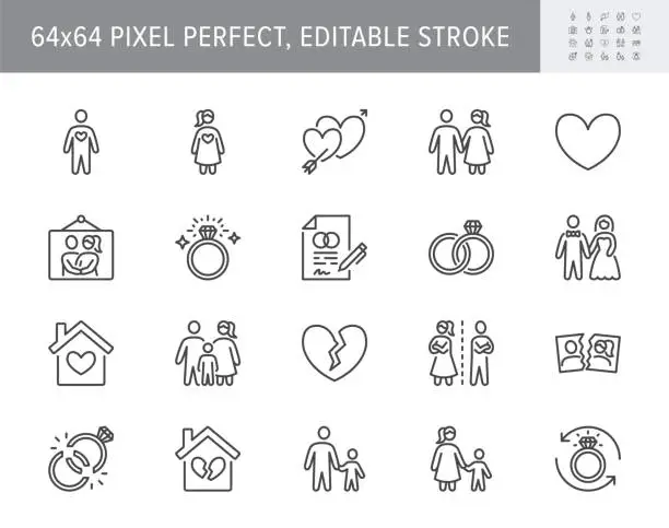 Vector illustration of Relationship status line icons. Vector illustration include icon - husband, bachelor, wife, marriage, rings, wedding outline pictogram for marital condition. 64x64 Pixel Perfect, Editable Stroke