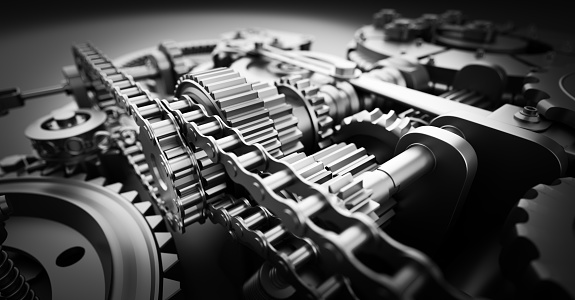 Gears and cogs mechanism. Industrial machine, engine. Close-up macro. Black and white 3D illustration
