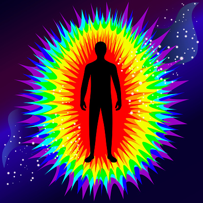 The aura of the body. Rainbow color marked layers of the male body. Etheric, emotional, metallic, astral, celestial and causal layer. Isolated vector on black background.
