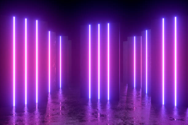 istock Abstract exhibition background with ultraviolet neon light walls, glowing lines 1304700071
