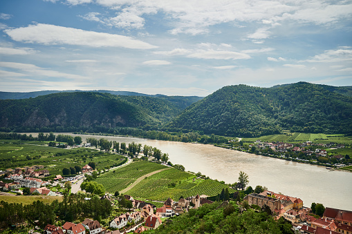 Danube river near Devin castle, scenic early springtime view with blue sky, Bratislava, Slovakia, Central Europe
