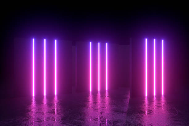istock Abstract exhibition background with ultraviolet neon light walls, glowing lines 1304700140