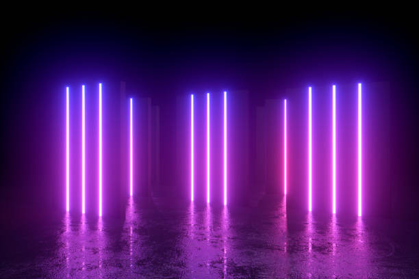 istock Abstract exhibition background with ultraviolet neon light walls, glowing lines 1304700178