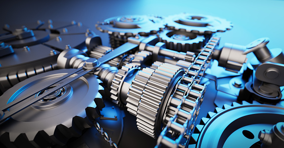 Gears and cogs mechanism. Industrial machine, engine. Close-up macro. 3D illustration