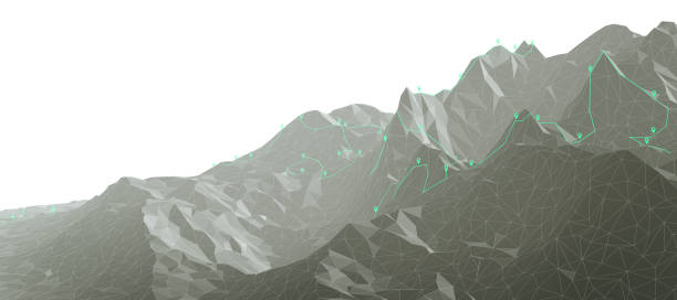웨이포인트가 있는 산을 가로지르는 구불구불한 하이킹 트레일 개요 - 3d 일러스트레이션 - topographic map compass map chart 뉴스 사진 이미지