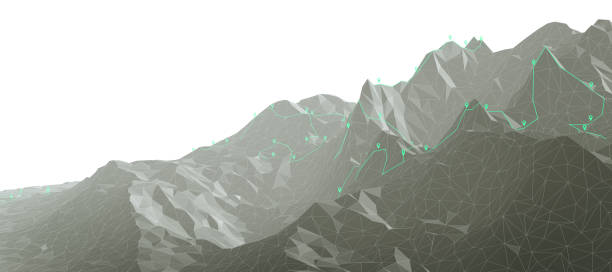 Overview of a winding hiking trail through the mountains with placemarks - 3d illustration