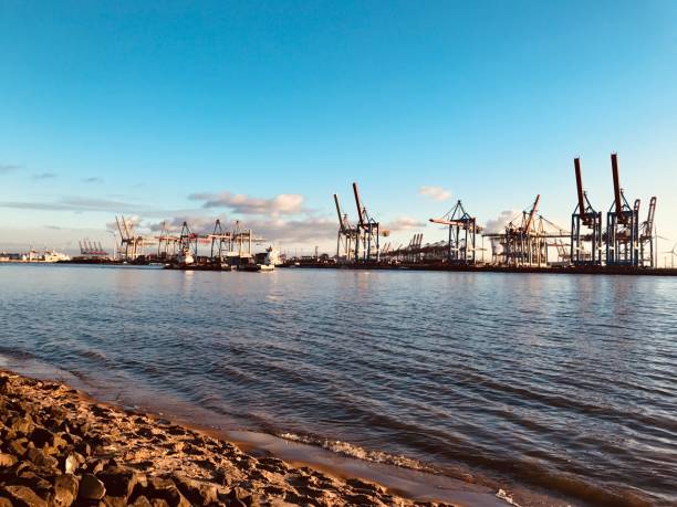 Hamburg Port 3 Hamburg Port Cranes from Beach elbe river stock pictures, royalty-free photos & images