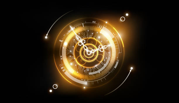 Golden Abstract Futuristic Technology Background with Clock concept and Time Machine, Can rotate clock hands, vector illustration Golden Abstract Futuristic Technology Background with Clock concept and Time Machine, Can rotate clock hands, vector illustration eps10 time machine stock illustrations
