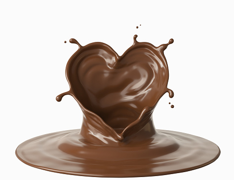 chocolate splash in shape of heart, love of chocolate isolated on white background Include clipping path, 3d illustration.