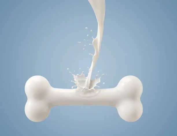 Flowing milk is a bone shape, The concept of strength derived from drink, 3d illustration.