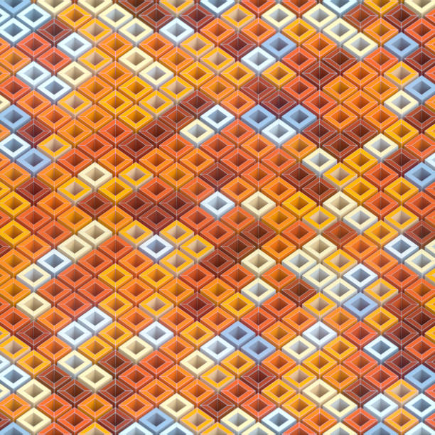 Abstract geometric pattern of multicolored boxes with light outline on the edges for graphic design. Isometric view. Depth of field. 3d rendering digital illustration