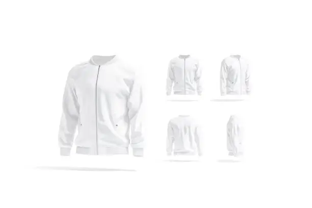 Blank white bomber jacket mockup, different views set, 3d rendering. Empty sport male wind breaker with sleeve and zipper mock up, isolated. Clear jerkin outwear clothing template.