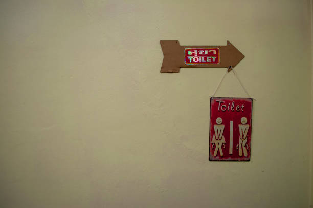 Close-up view of Restroom sign under roof of yellow building. Aruba.