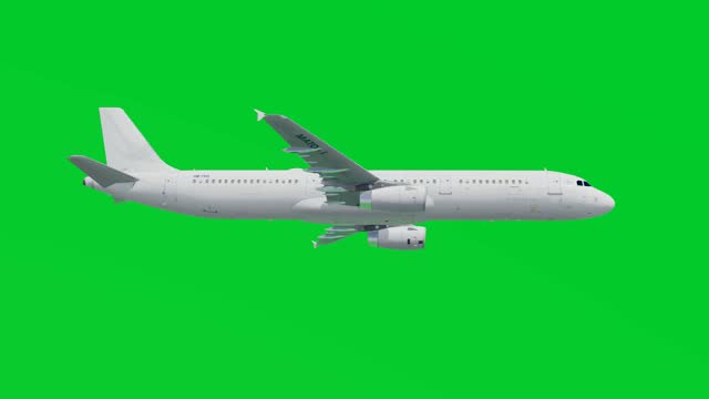 Airplane flies on green screen background, side view, chroma key, isolated background
