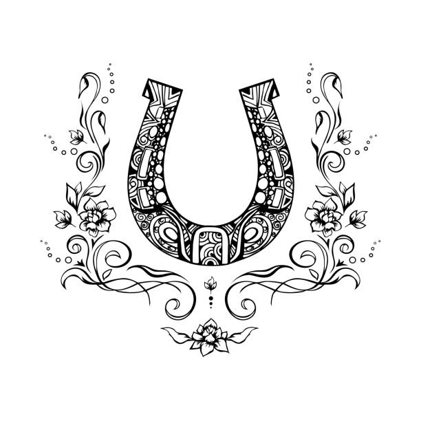 ilustrações de stock, clip art, desenhos animados e ícones de ornate horseshoe with flowers and flourishes around, sketchy ink hand drawn design element. grungy tattoo, zentangle style symbol of luck - horseshoe good luck charm cut out luck