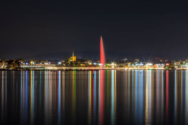 istock Geneva's Jet d'Eau in red 1304707174