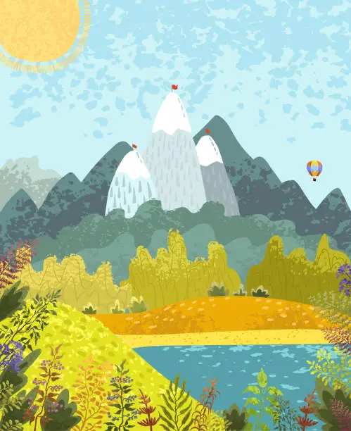 Vector illustration of Nature mountain landscape with with a lake, a hot air balloon