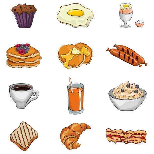 朝食漫画のベクトルセット:揚げ卵、コーヒー、トースト、ベーコン、パンケーキ、オートミール、シリアル、オレンジジュース、牛乳、ソーセージ、マフィン、クロワッサン。白い背景に隔 - breakfast pancake oatmeal muffin点のイラスト素材／クリップアート素材／マンガ素材／アイコン素材