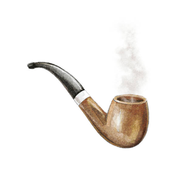 Watercolor retro wooden smoking pipe for tobacco with smoke Watercolor vintage wooden brown smoking pipe for tobacco with smoke isolated on white background. Watercolor hand drawn illustration sketch american fag pictures stock illustrations
