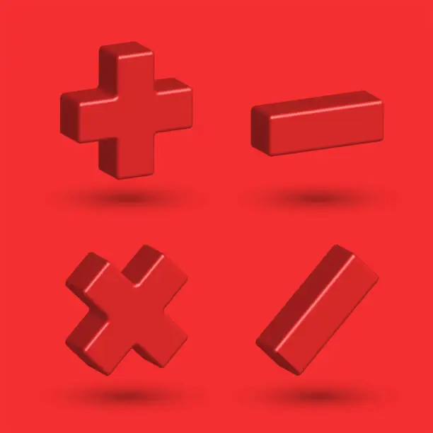 Vector illustration of Math symbols 3d isometric shape, plus minus multiply divide mathematics signs for calculator.