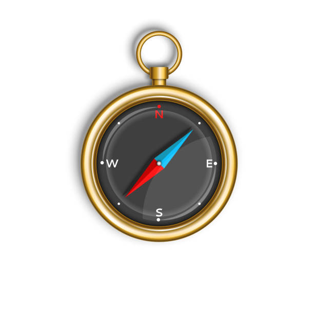 흰색 배경 라운드 골드 케이스에 분리 된 나침반은 파란색과 빨간색 화살표 상단 보기, 지상에 오리엔티어링관광 장치, 사실적인 3d 벡터 일러스트레이션. - orienteering clip art compass magnet stock illustrations