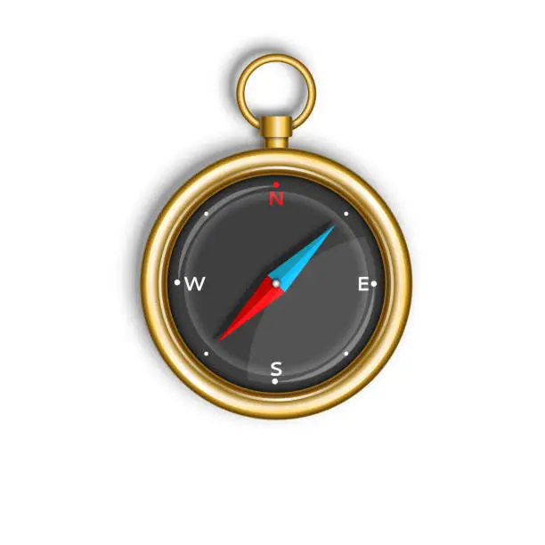 Vector illustration of Compass isolated on white background round gold case with blue and red arrow top view, tourist device for orienteering on the ground, realistic 3d vector illustration.