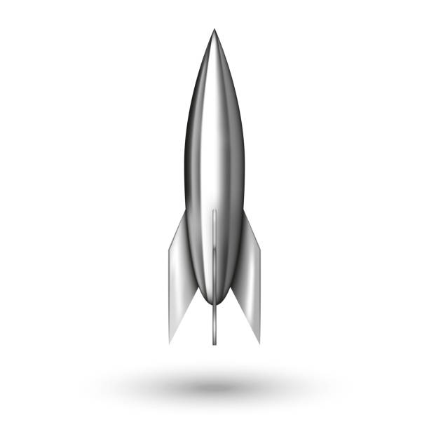 istock Small toy shiny metallic rocket isolated on white, silvery spaceship 3d model mockup. 1304709430