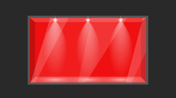 bildbanksillustrationer, clip art samt tecknat material och ikoner med nattbutiksfönster mockup butiker upplysta ovanifrån isolerade, röda presentation rum kub i isometrisk 3d form i perspektiv. - skyltfönster