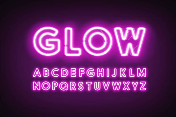 Purple neon capital alphabet letters, glow ultraviolet font