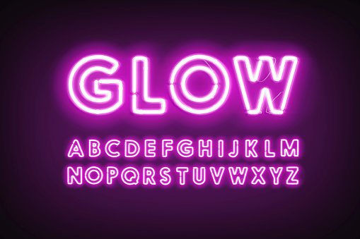 Purple neon capital alphabet letters, glow ultraviolet font, 3d rendering. Illuminated led character for creative text. Diode lighting typeset for decor signboard template.