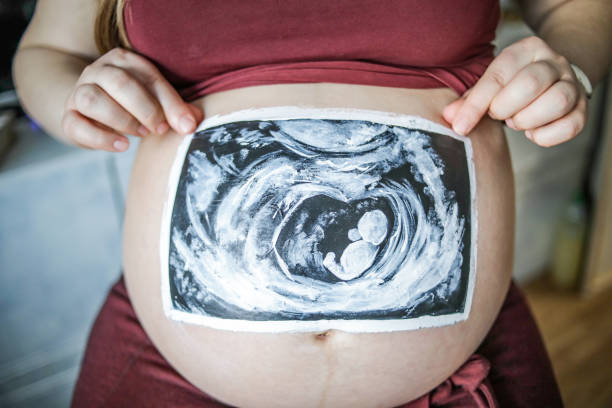 la femme enceinte montre son ventre - elle attend un bébé. la future mère. enceinte d’un gros ventre. illustration sur le ventre d’une femme enceinte - dessin sur le ventre d’une femme enceinte - body art photos et images de collection