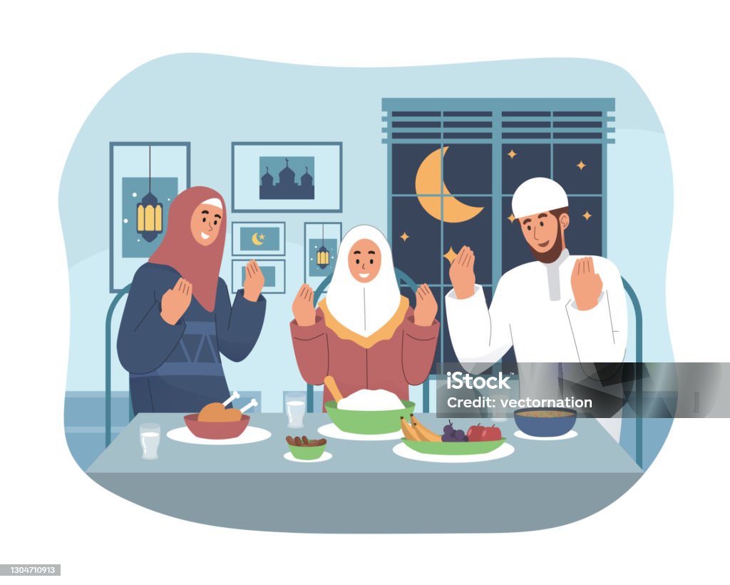 Muslim Family Praying Before Having Iftar Stock Illustration - Download  Image Now - Ramadan, Family, Islam - iStock