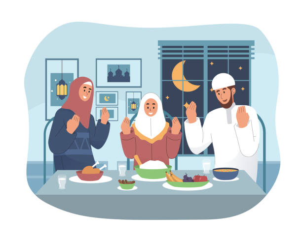 Muslim family praying before having iftar Ramadan kareem flat cartoon illustration muslim family stock illustrations