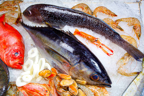 istock Seafood on ice at the fish market 1304710935