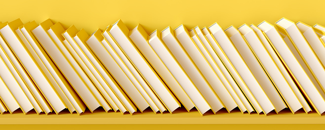 The books are tilted on a yellow shelf, 3D rendering illustration.