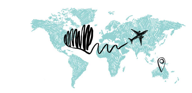 istock Map of the world, The plane drew a heart. Grunge style, vector illustrations. 1304711319
