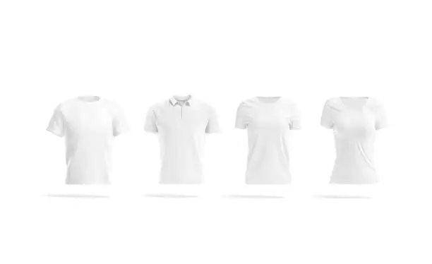 Blank white men and women classic t-shirt and polo mockup, 3d rendering. Empty fabric jersey tee-shirt model mock up, isolated, front view. Clear body basic clothing for sport template.