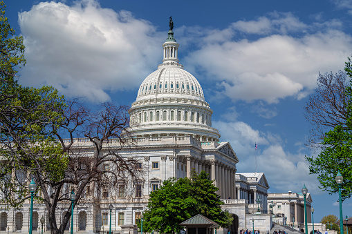 US Capitol Building, Washington DC, USA. Blue Sky, Puffy Clouds, Green Trees and Sightseeing Tourists are in the image.\n.