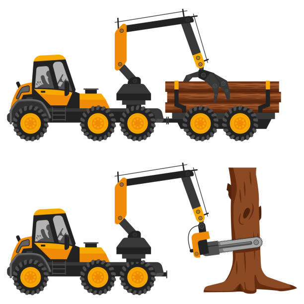 숲에서 일하는 수확기. 흰색 배경에 로그가 격리된 트럭의 벡터 플랫 일러스트레이션입니다. - truck lumber industry log wood stock illustrations