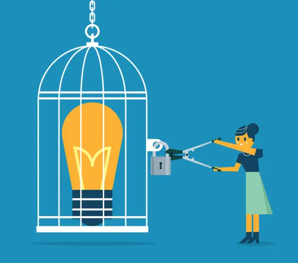 Vector illustration of Open cage with idea bulb - Businesswoman