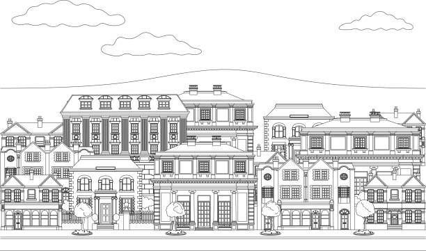 Street scene with Victorian and Georgian style houses, shops and other buildings in outline like a coloring book page illustration