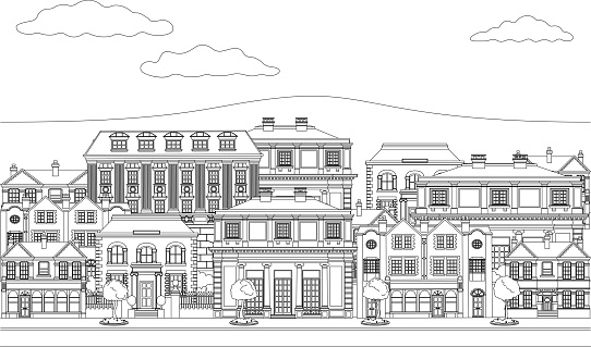 Street scene with Victorian and Georgian style houses, shops and other buildings in outline like a coloring book page illustration