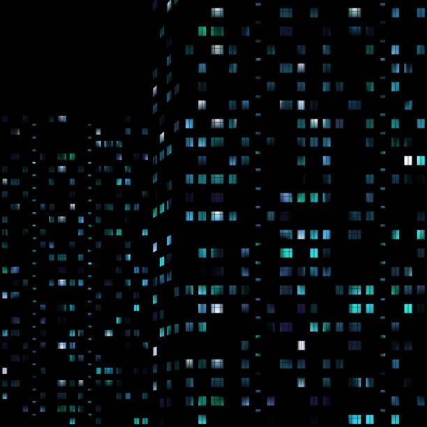 istock Glowing windows of buildings at night on a black background. City night landscape, view. High buildings, window lights. Abstract background, wallpaper. Vector illustration 1304714295