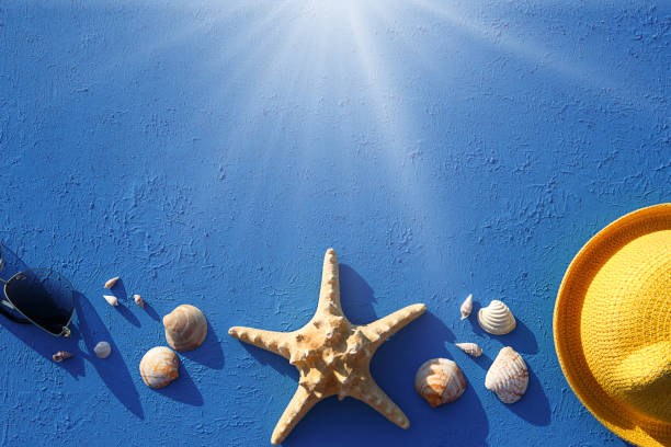 istock Frame with beach accessories on a nautical theme: yellow straw hat, sunglasses, starfish and shells on a blue background. Vacation concept, sea trip, UV protection, swimming. Copy space. Flatlay 1304714333