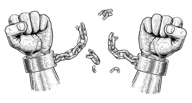Vector illustration of Hands Breaking Chain Shackle Handcuffs