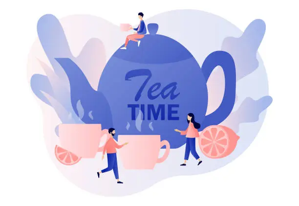 Vector illustration of Tea time concept. Hot drinks party. Tiny people drinking tea. Big kettle, cups, lemon slice and sugar cubes. Modern flat cartoon style. Vector illustration on white background