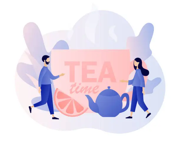 Vector illustration of Tea time concept. Hot drinks party. Tiny people drinking tea. Big cup, kettle and lemon slice. Modern flat cartoon style. Vector illustration on white background