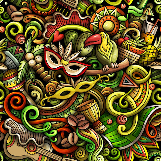 만화는 브라질 원활한 패턴을 낙서합니다. - samba dancing carnival dancing brazilian culture stock illustrations
