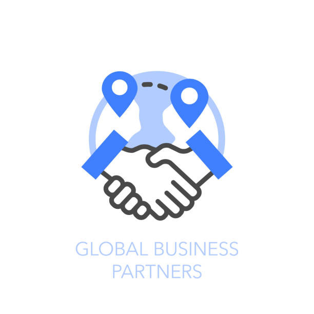 Global business partners symbol with a hand shake and a globe Global business partners symbol with a hand shake and a globe. Easy to use for your website or presentation. supplier relationship management stock illustrations