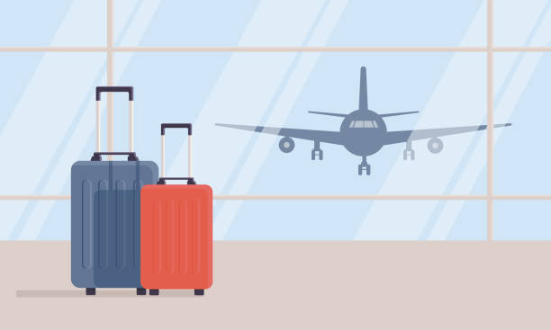 ilustraciones, imágenes clip art, dibujos animados e iconos de stock de dos maletas de viaje en zona de espera vacía de la terminal del aeropuerto, en el fondo de grandes ventanas, despegue del avión en segundo plano - takeoff